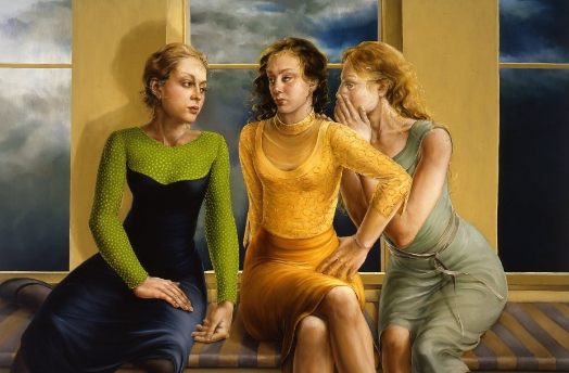 Classical portrait painting of three women by a window